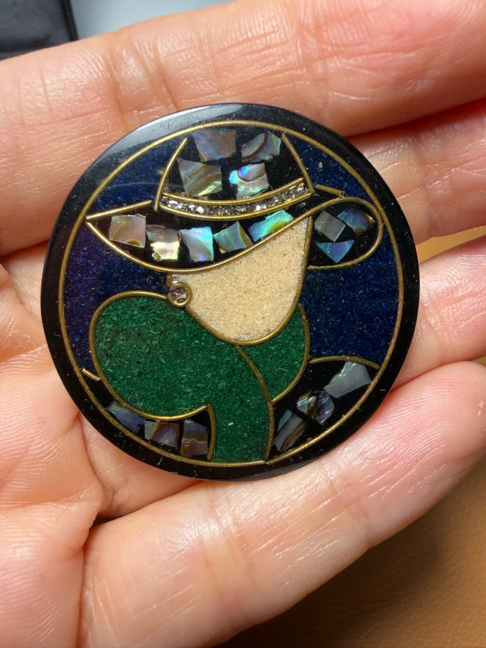 VTG Lee Sands Mosaic Inlay Lady in Hat Brooch Abalone Shell Art Deco Style Pin